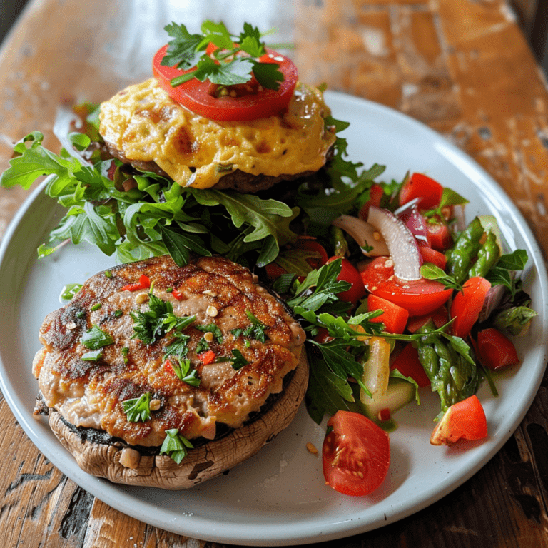 Portobello-burger med kylling og persille.