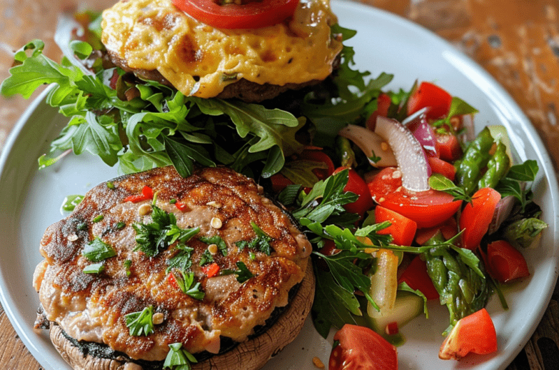 Portobello-burger med kylling og persille.