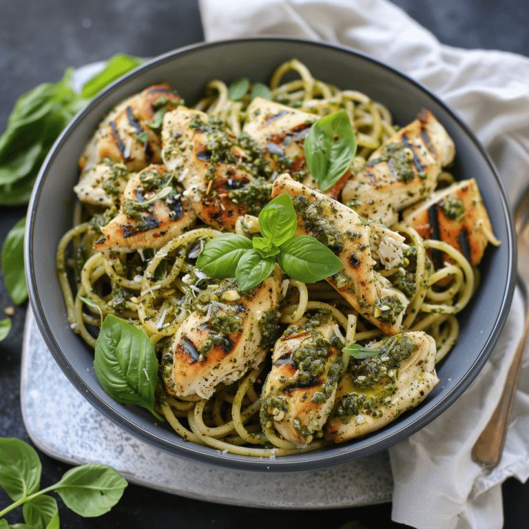 Spaghetti med kylling og pesto.