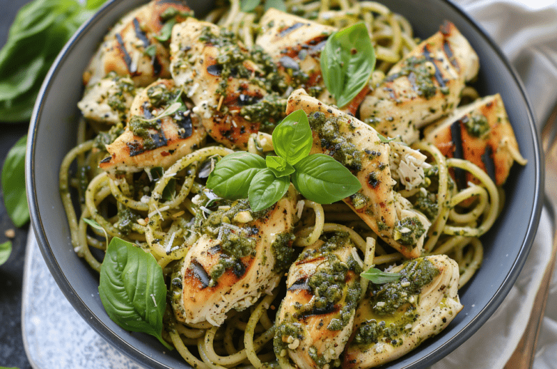 Spaghetti med kylling og pesto.